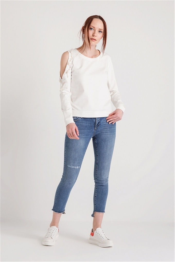 Fracomına Fr18Sm903 Omuz Dekolteli Sweatshırt Cream