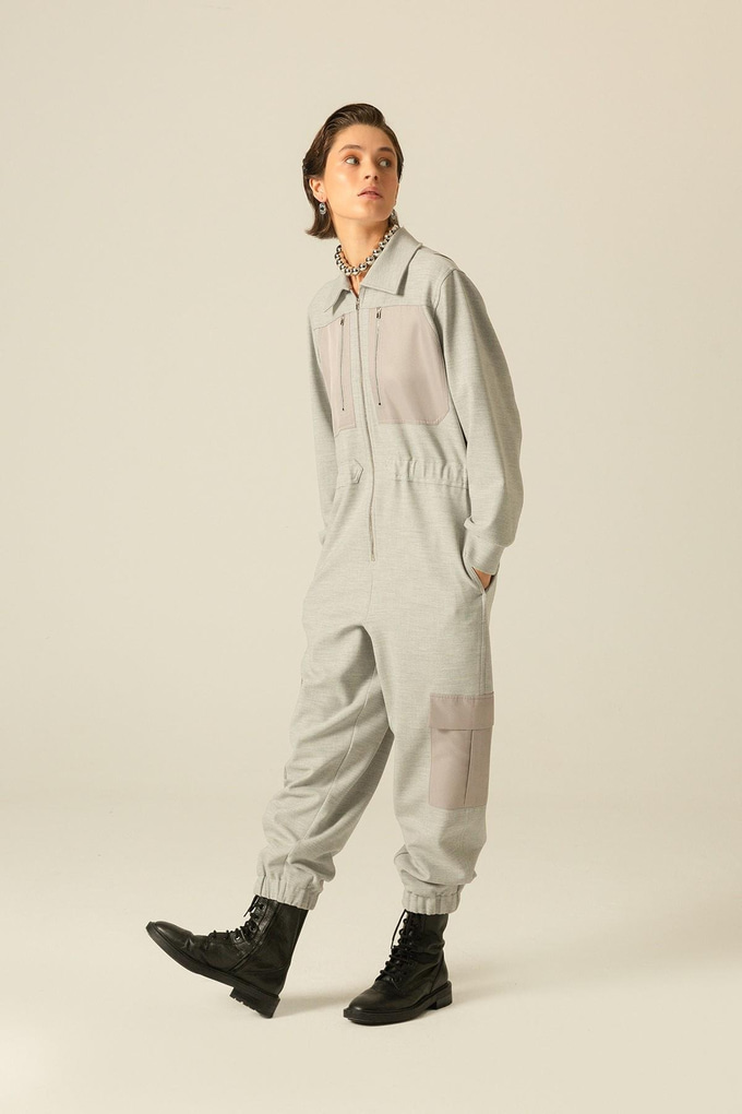 Garni Detailed Zipper Grey Jumpsuit