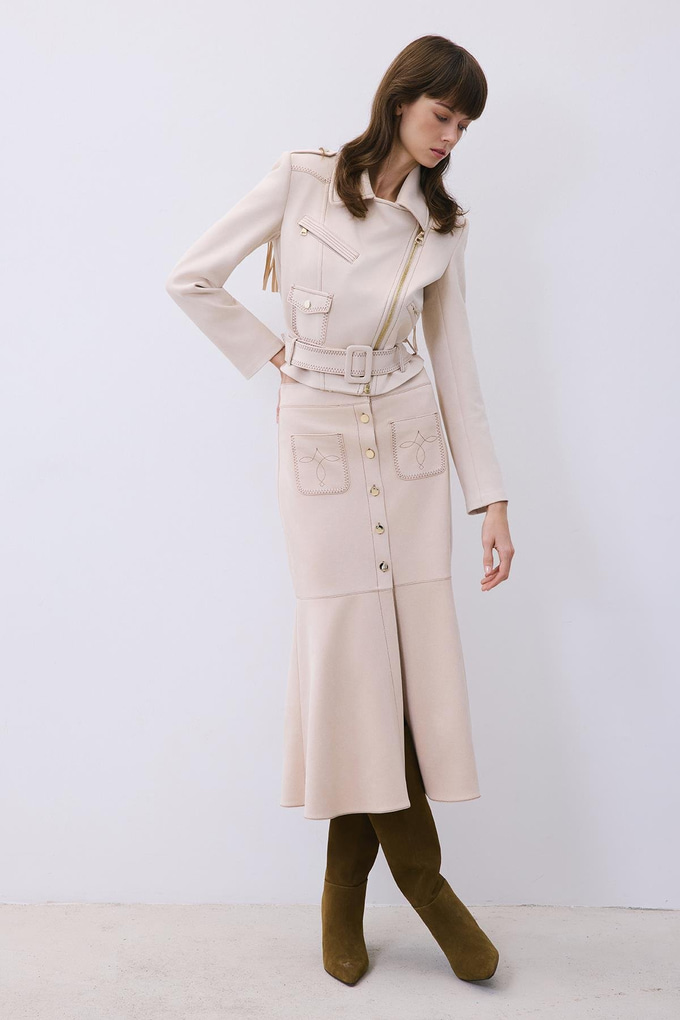 Beige Suede Midi Skirt with Gold Detail