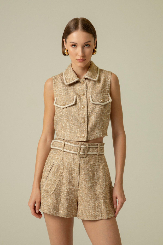 Gold Button Detail Camel Crop Vest