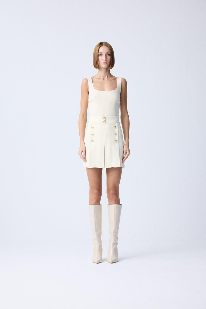 Gold Button Detail Pleated Ecru Mini Skirt