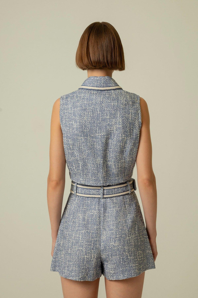 Gold Düğme Detaylı İndigo Crop Yelek