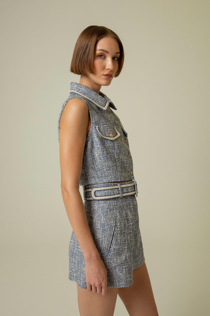 Gold Düğme Detaylı İndigo Crop Yelek