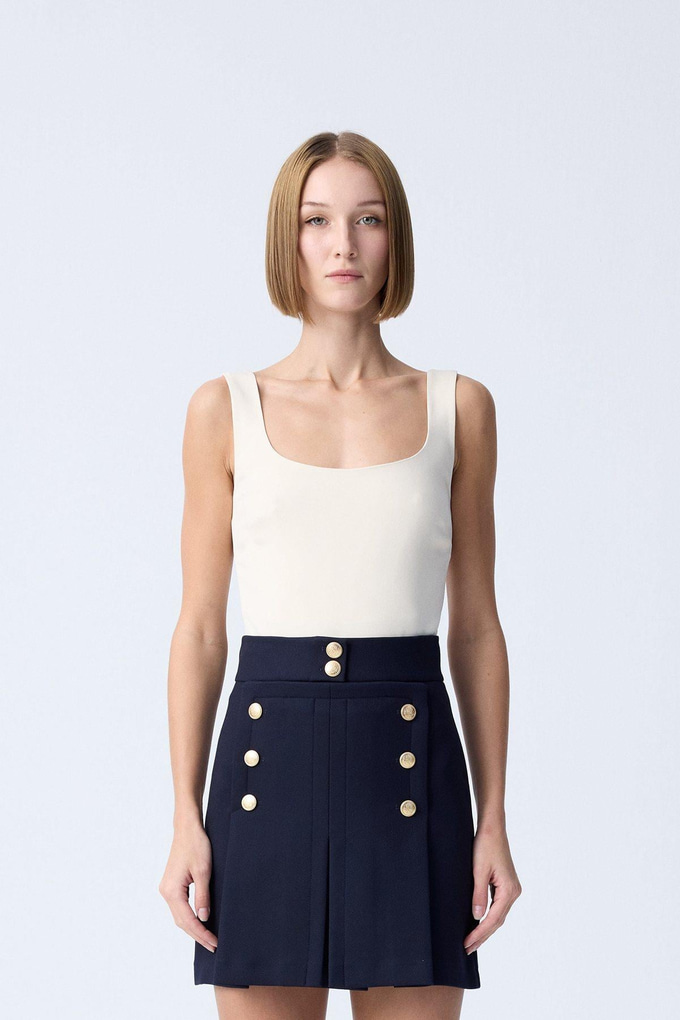 Gold Düğme Detaylı Lacivert Pileli Mini Etek