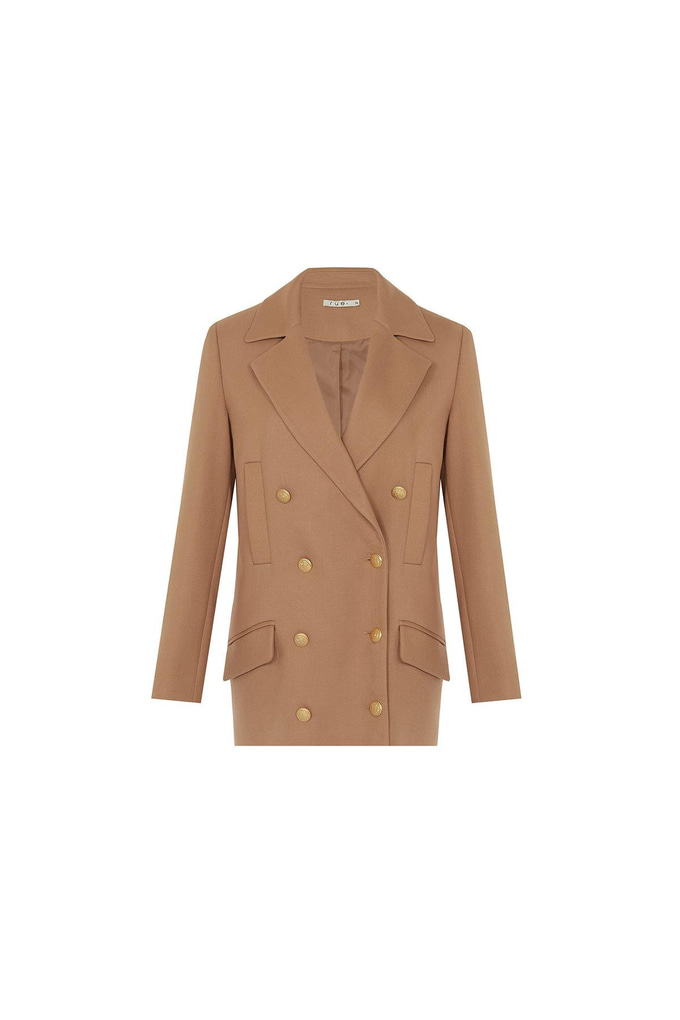 Gold Buttoned Midi Length Camel Wool Coat