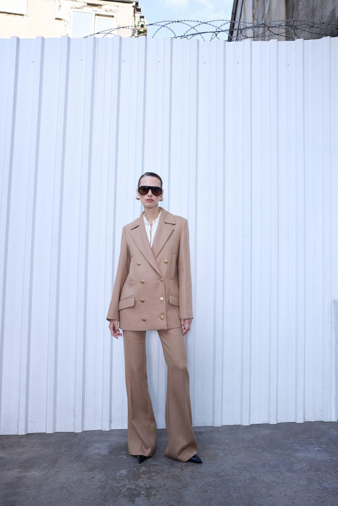 Gold Buttoned Midi Length Camel Wool Coat