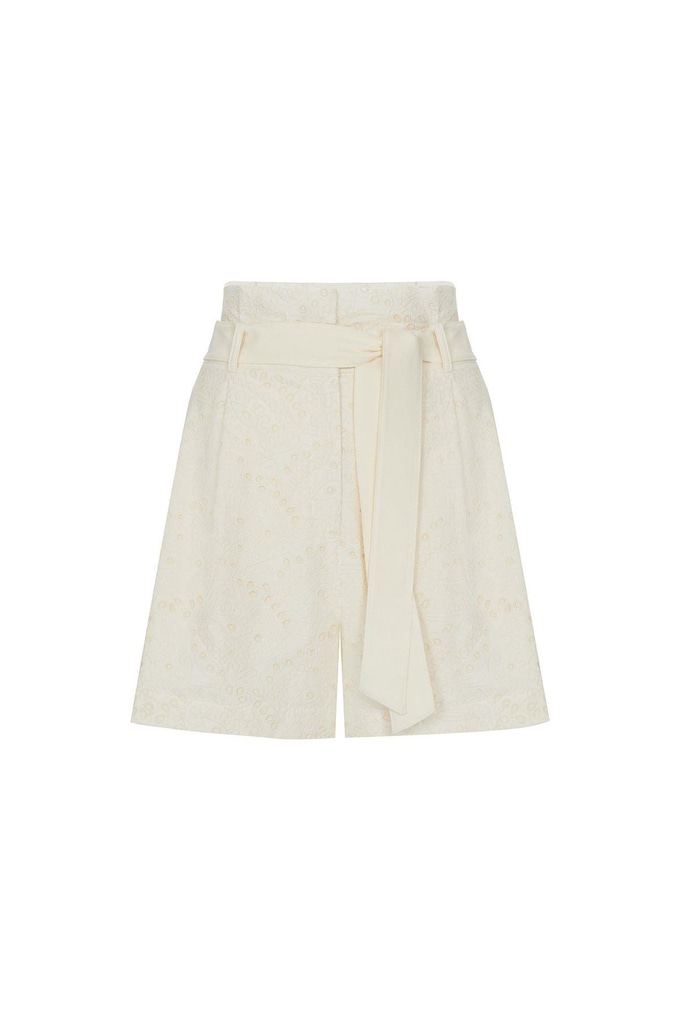 Güpür Detaylı Pileli Ekru Mini Şort