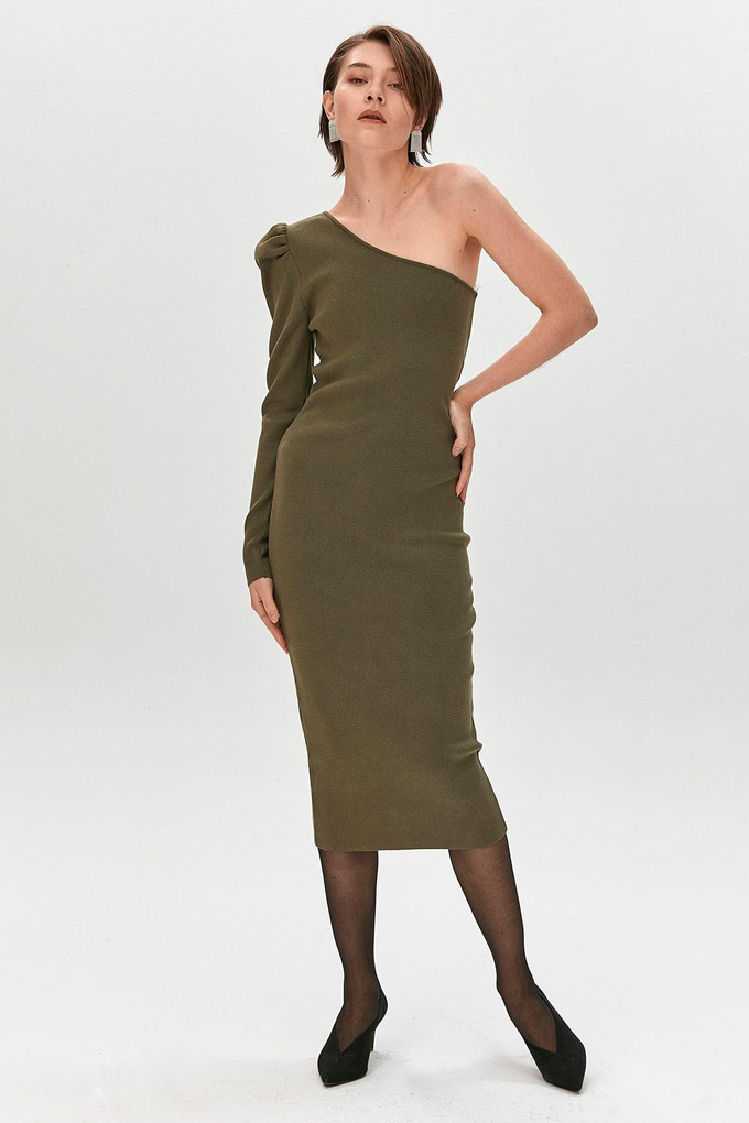 Asymmetric One Shoulder Knitted Dress