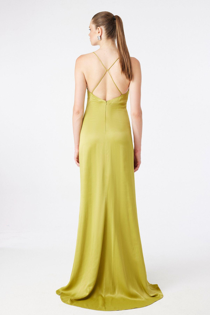 İnce Askılı V Yaka Yeşil Uzun Elbise