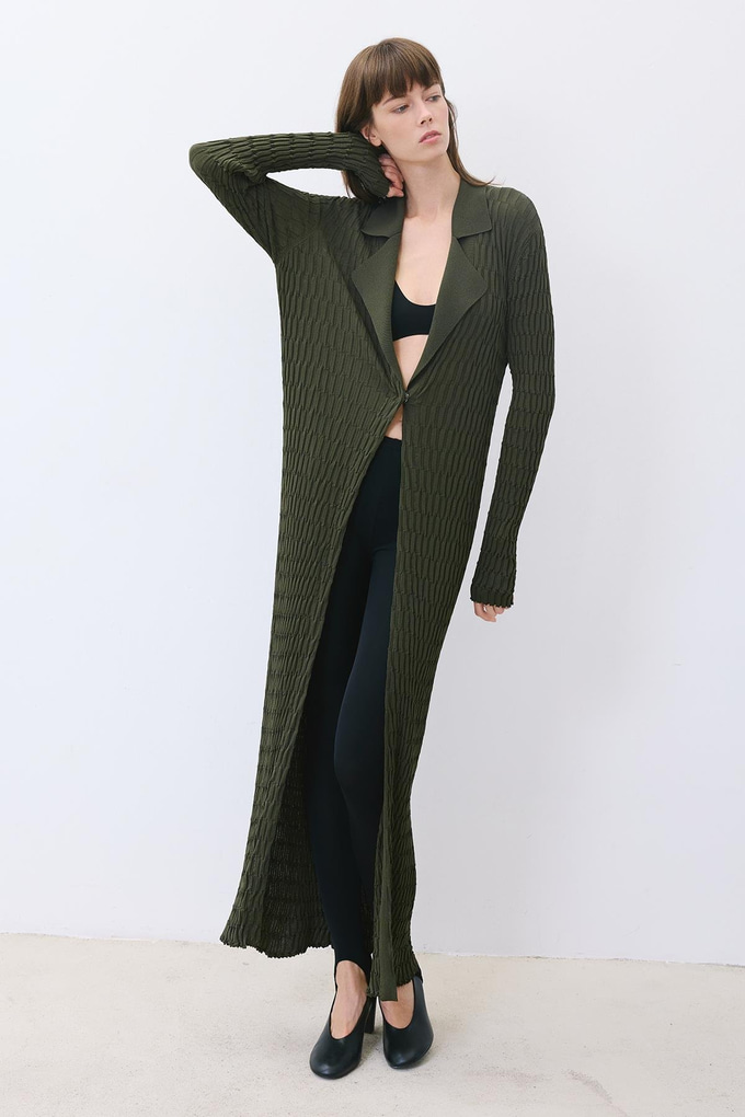 Khaki Long Jacquard Knit Cardigan