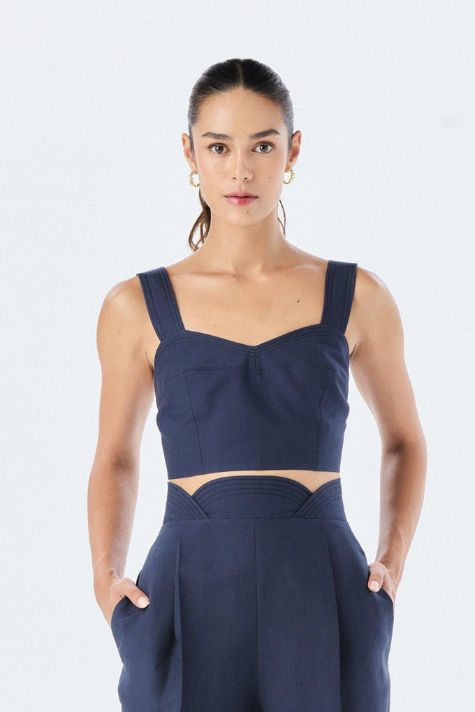Kalın Askılı Kare Yaka Lacivert Crop Top
