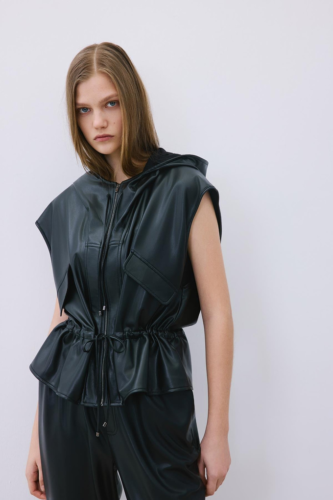 Black Adjustable Faux Leather Hooded Vest