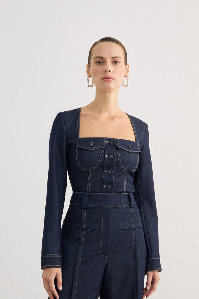 Kare Yaka Cep Detaylı Lacivert Denim Crop Gömlek