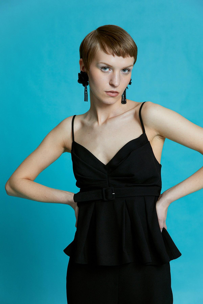 Ruffled Black Blouse with Belt