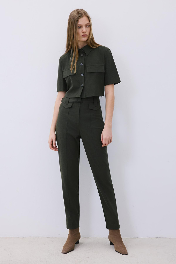 Khaki Wool-Blend Belted Pants with Stitch Details