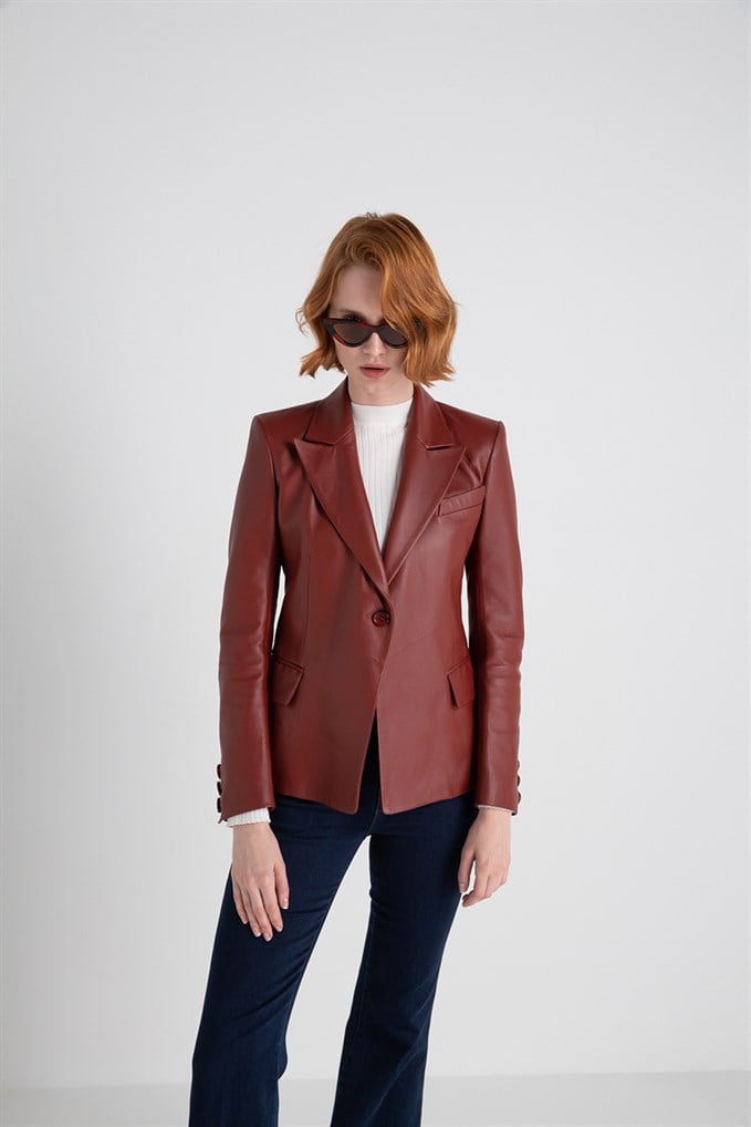 Klasik Blazer Deri Ceket Kiremit