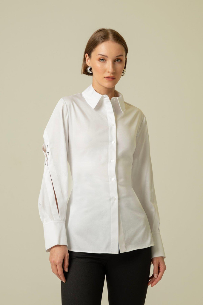 Sleeve Lace-Up Detail White Long Shirt