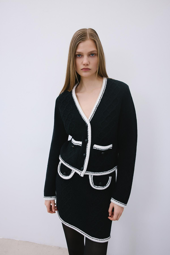 Black Knit Cardigan with Contrast Piping