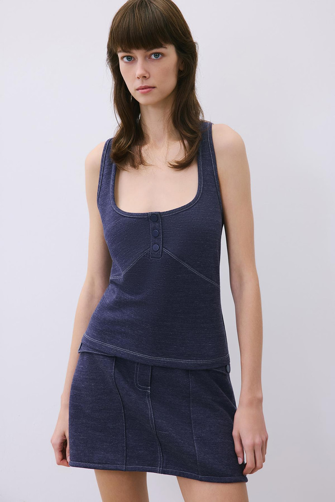 Indigo Knit Basic Blouse with Contrast Stitch