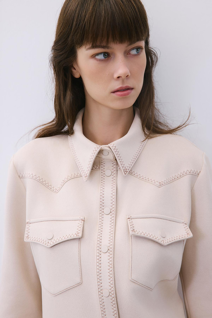 Beige Suede Shirt with Contrast Stitch