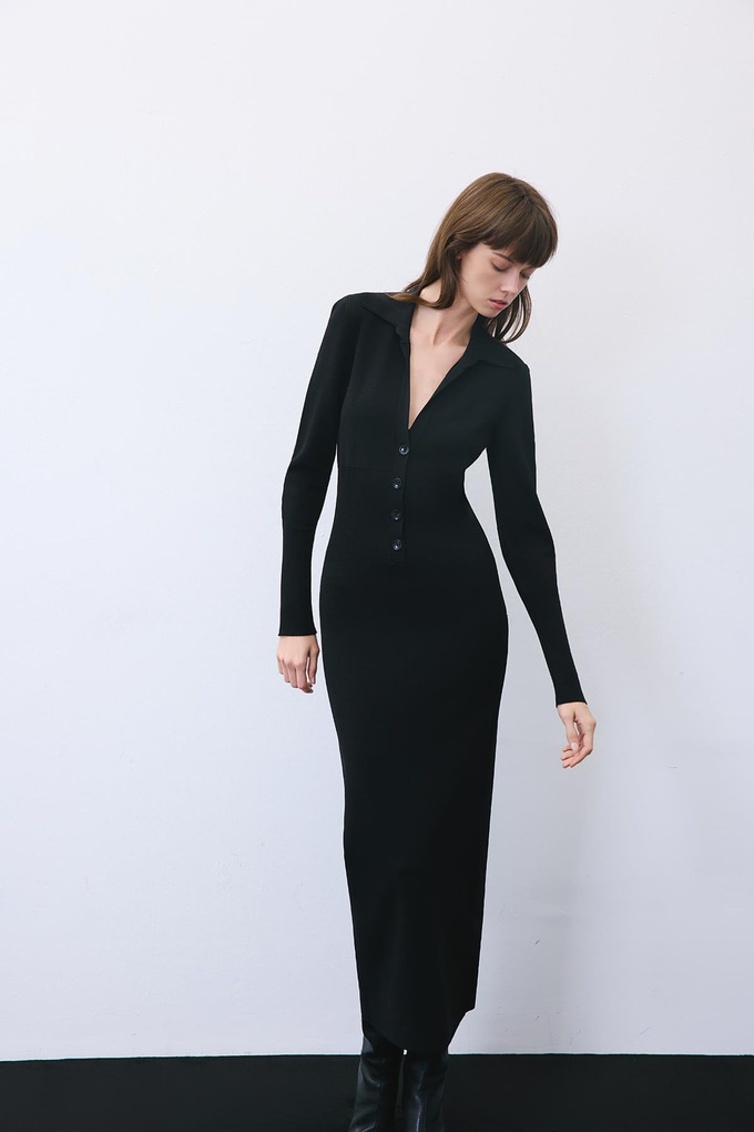 Korsajlı Uzun Siyah Triko Elbise