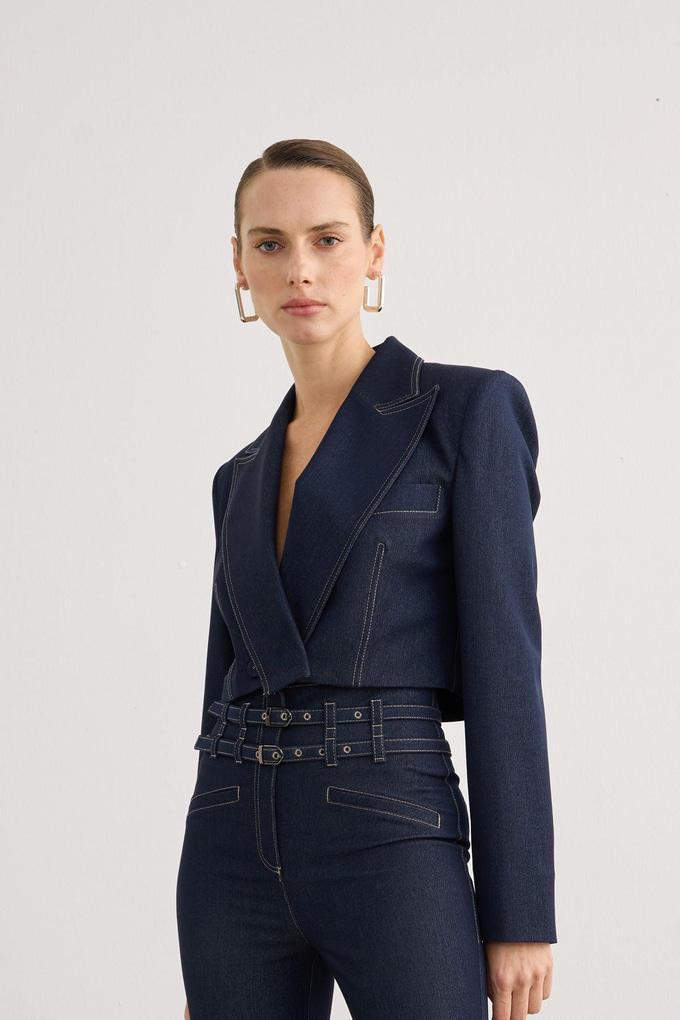 Kruvaze Kapama Vatkalı Lacivert Denim Crop Ceket