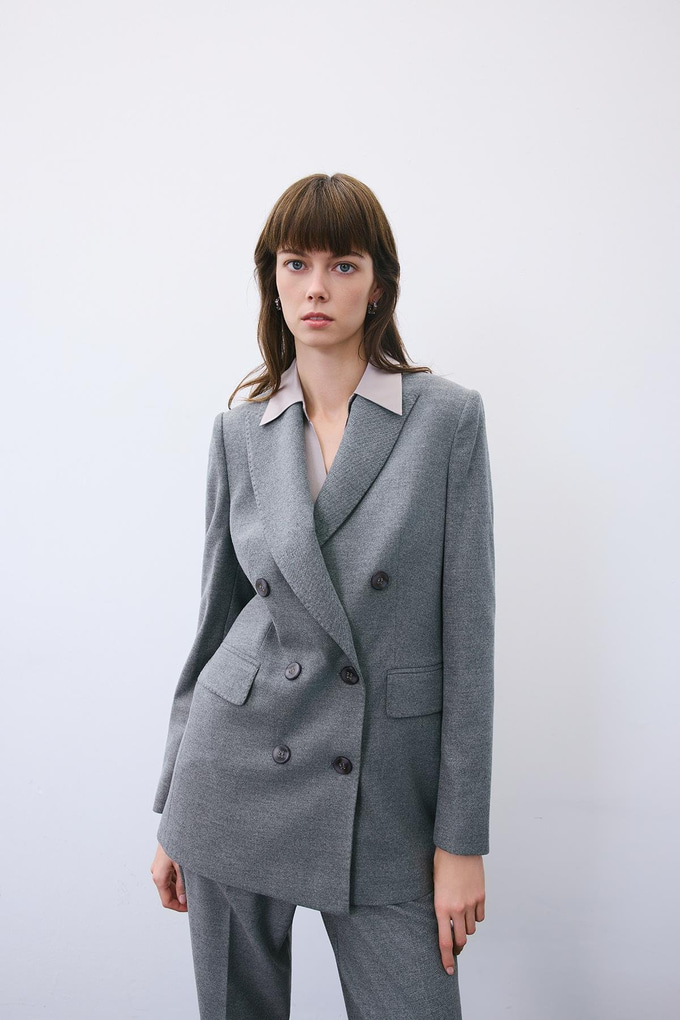 Kruvaze Yün Dokulu Astarlı Gri Ceket