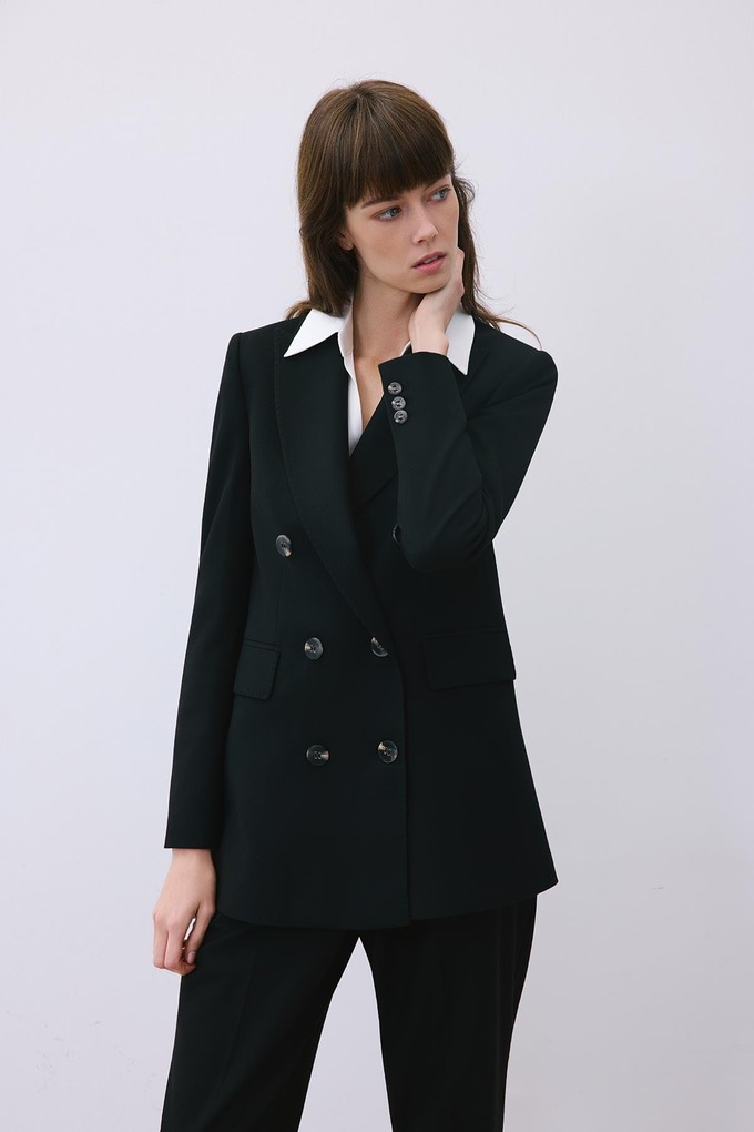 Black Wool-Blend Double-Breasted Jacket