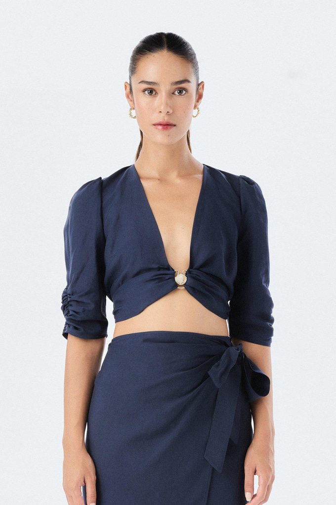 Sash Detailed V-Neck Navy Blouse