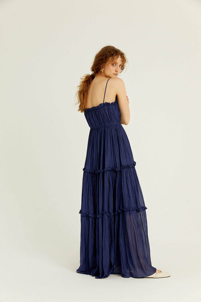 Navy Blue Strappy Flowy Dress With Ruffles | Rue Les Createurs