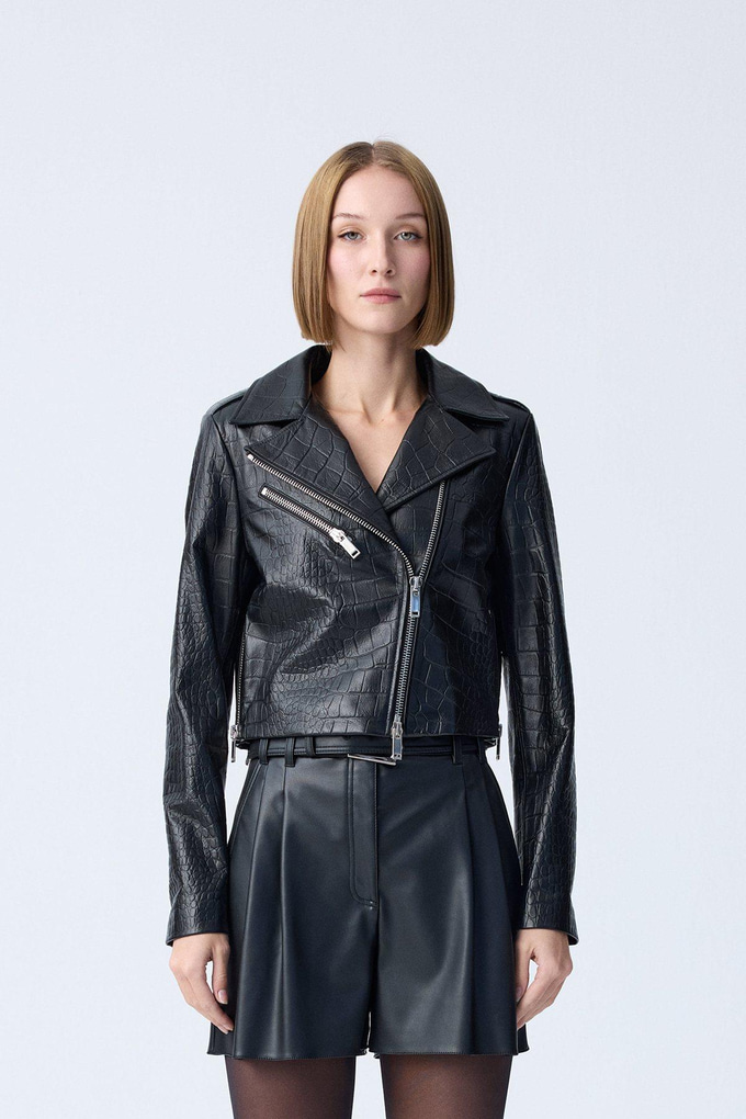 Metal Zipper Detail Genuine Black Leather Jacket