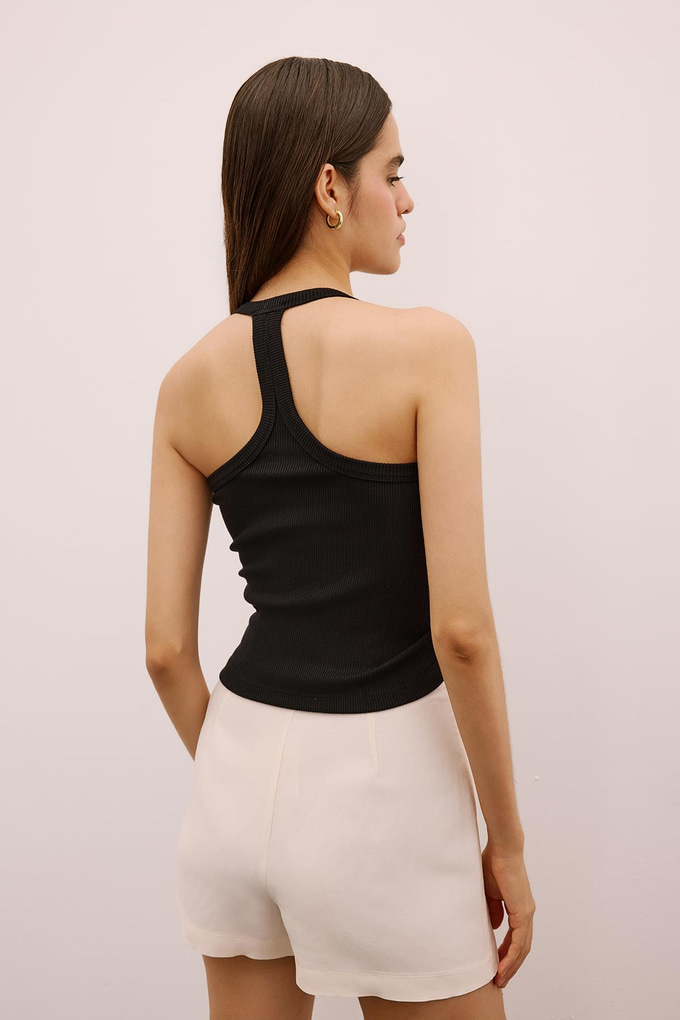 Metal Buckle Strappy Stretch Black Blouse