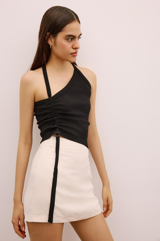 Metal Buckle Strappy Stretch Black Blouse