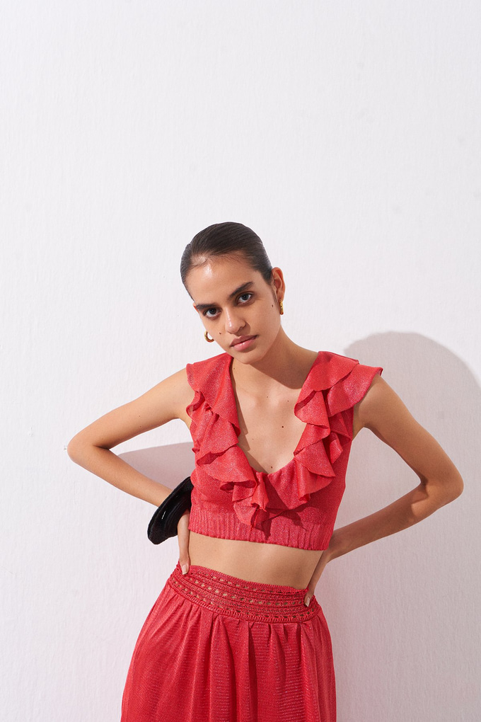 Narçiçeği Fırfırlı Crop Triko Bluz