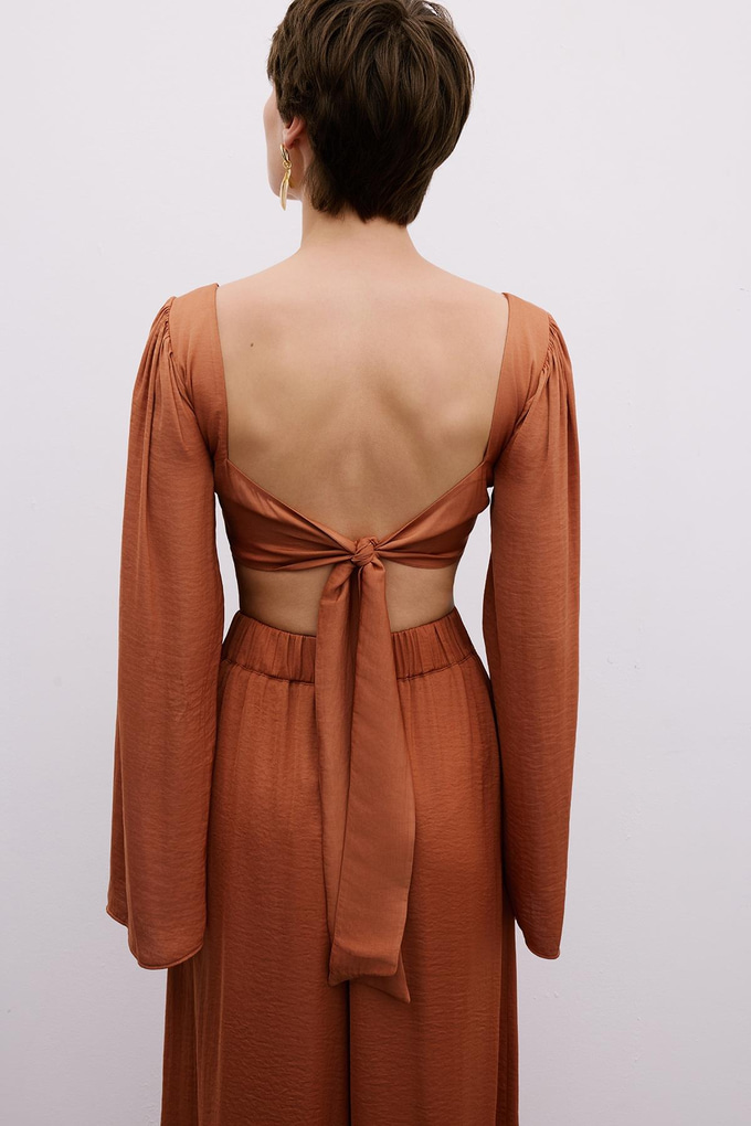 Omuz Bağlamalı Geniş Kollu Somon Crop Bluz