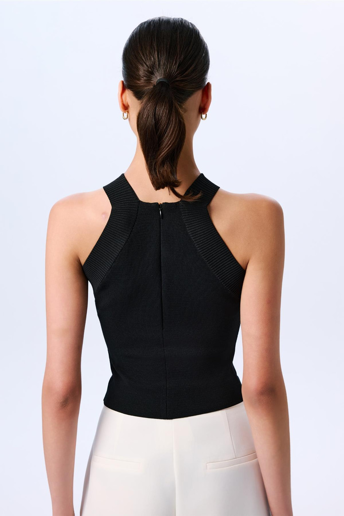 Shoulder Cutout Basic Crop Black Blouse  