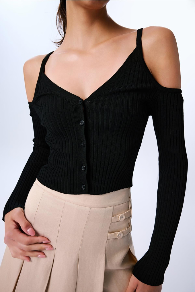 Omuz Dekolteli Crop Siyah Bluz