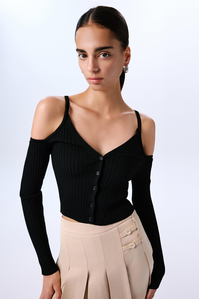 Omuz Dekolteli Crop Siyah Bluz