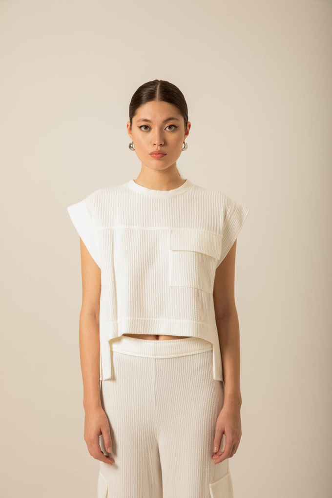 Front Single Pocket Knit Ecru Blouse