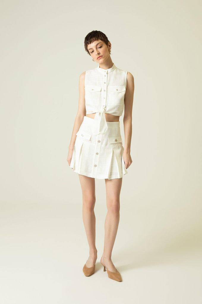 Önden Bağlamalı Dik Yaka Ekru Crop Gömlek