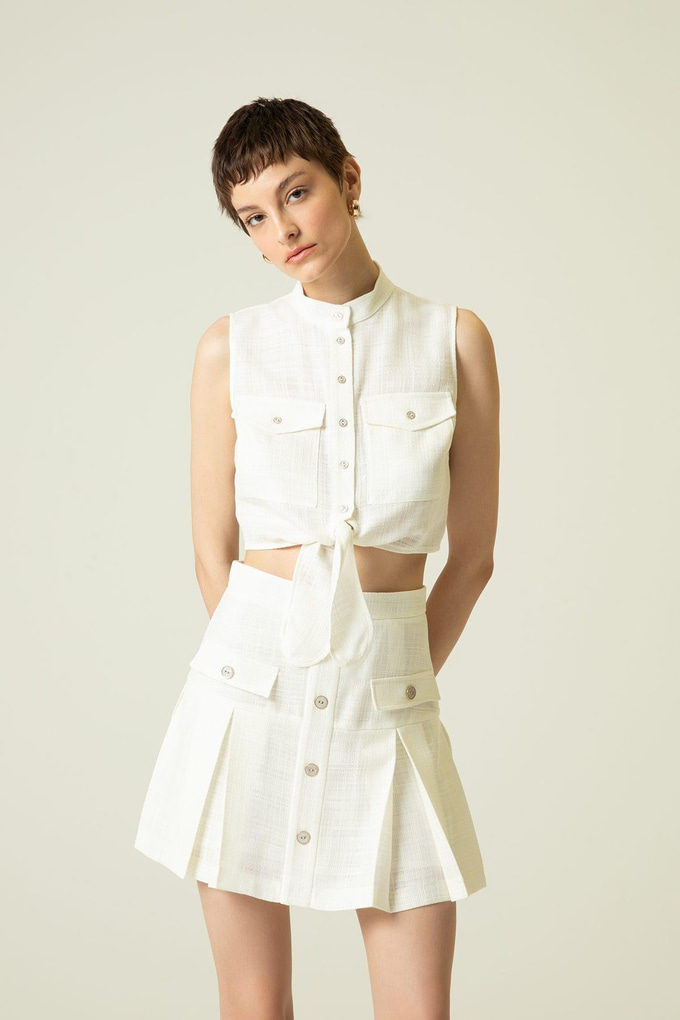 Önden Bağlamalı Dik Yaka Ekru Crop Gömlek