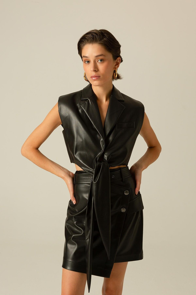 Front Tie Sleeveless Black Faux Leather Vest