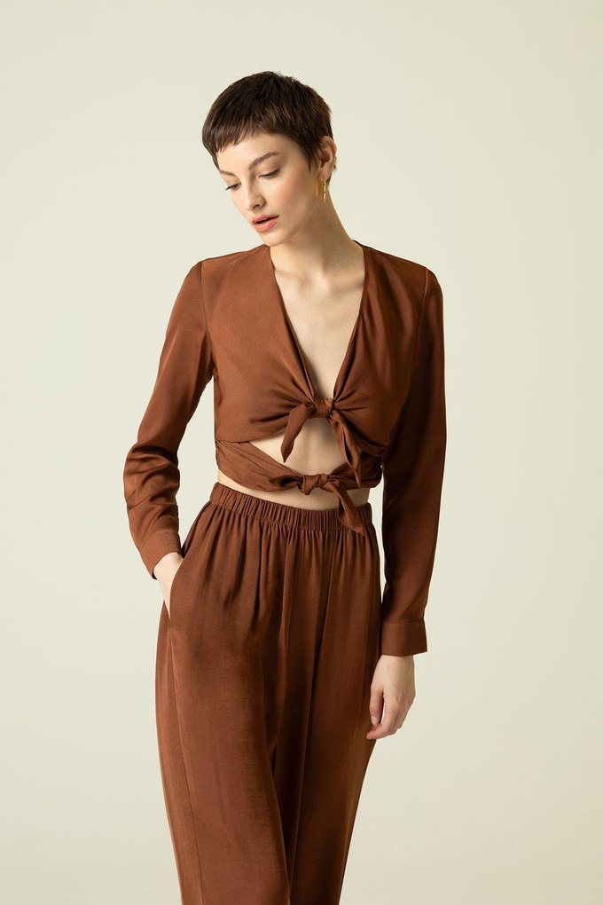 Double Front Tie Long Sleeve Brown Blouse