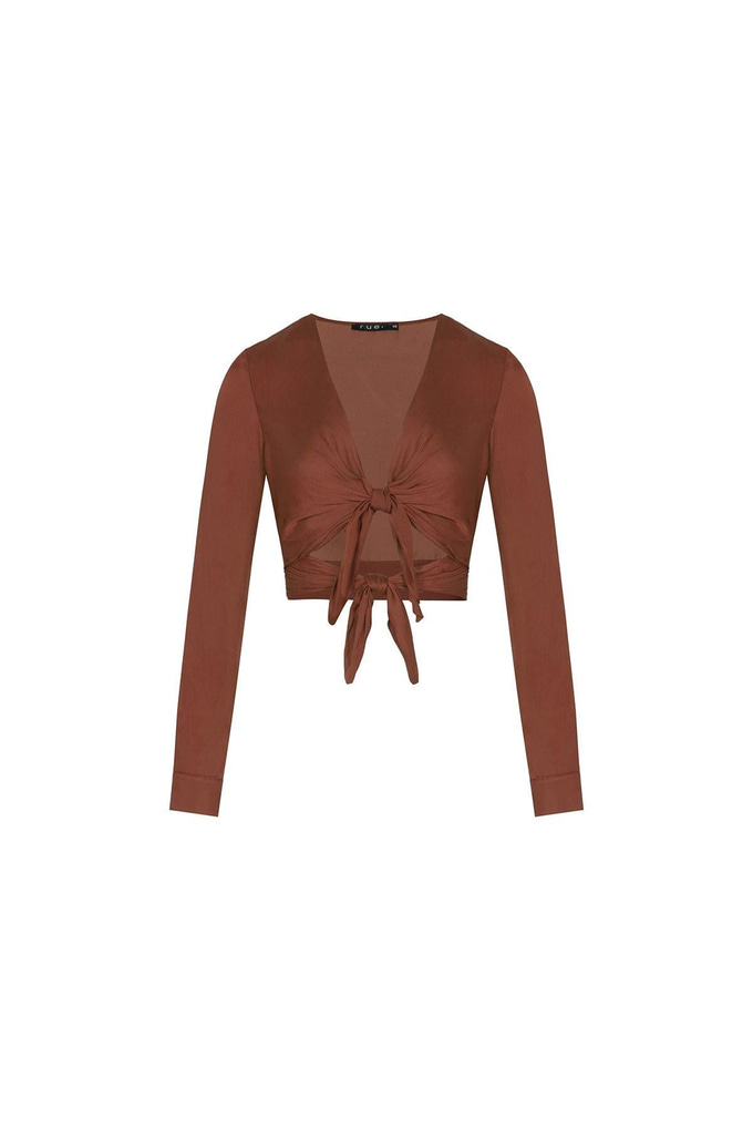 Önden Çift Bağlamalı Uzun Kollu Kahve Bluz