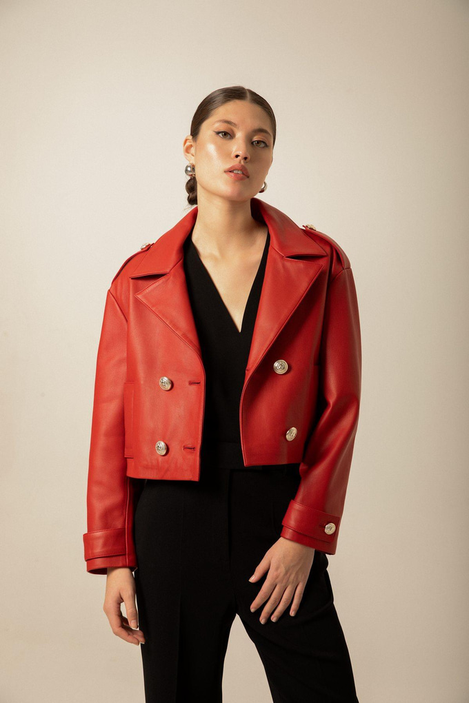 Front Button Detail Khaki Leather Jacket