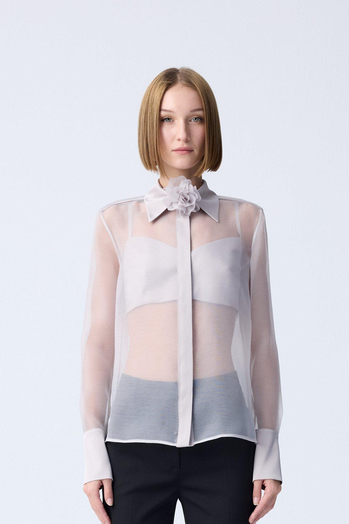 Önden Düğmeli Bej Transparan Şık Bluz