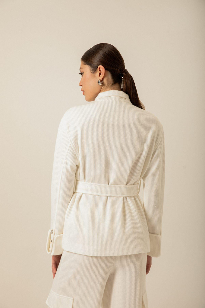 Oversize Kuşaklı Örme Ekru Ceket