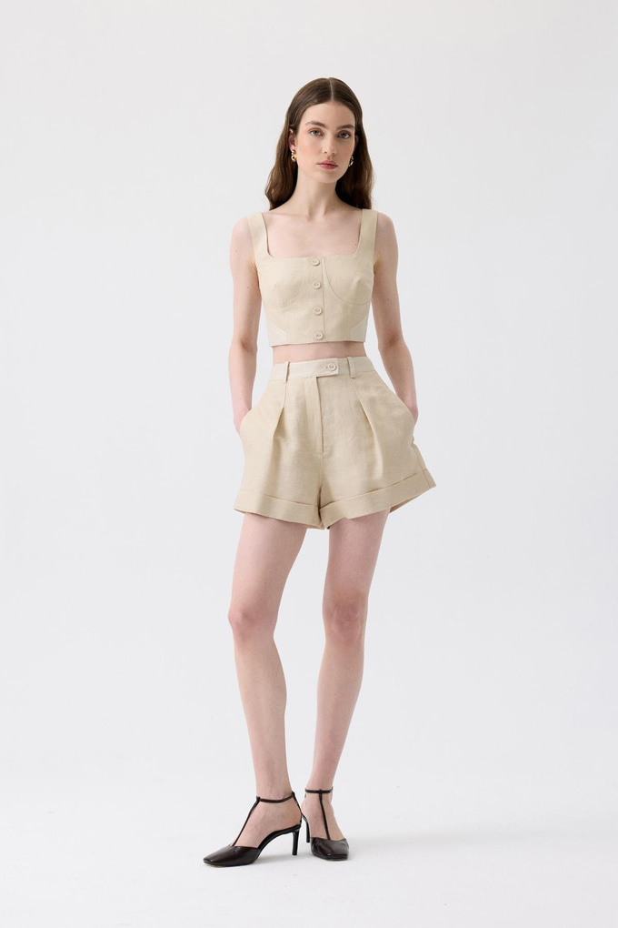 Pleated Detail Beige Mini Shorts