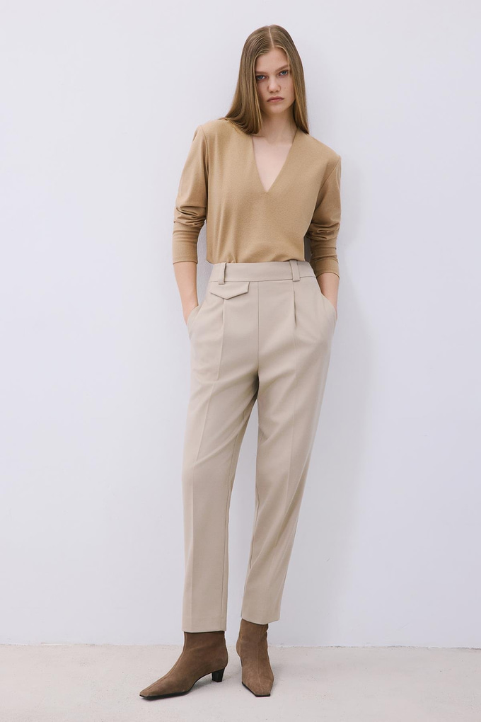Beige Wool-Blend Pleated High Waist Pants