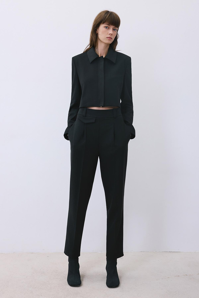Black Wool-Blend Pleated High Waist Pants